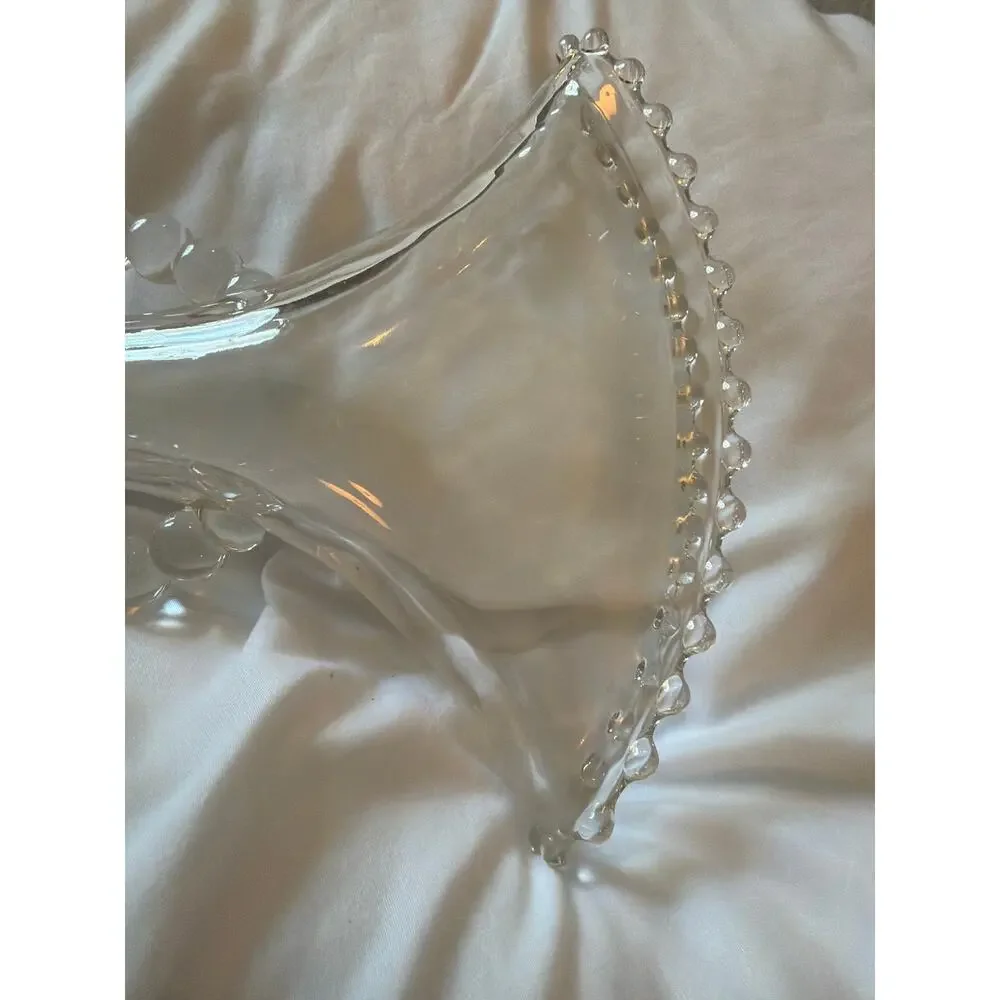 Vintage Imperial Glass Candlewick Fan Vase Beaded Rim Loop Handles Clear Glass